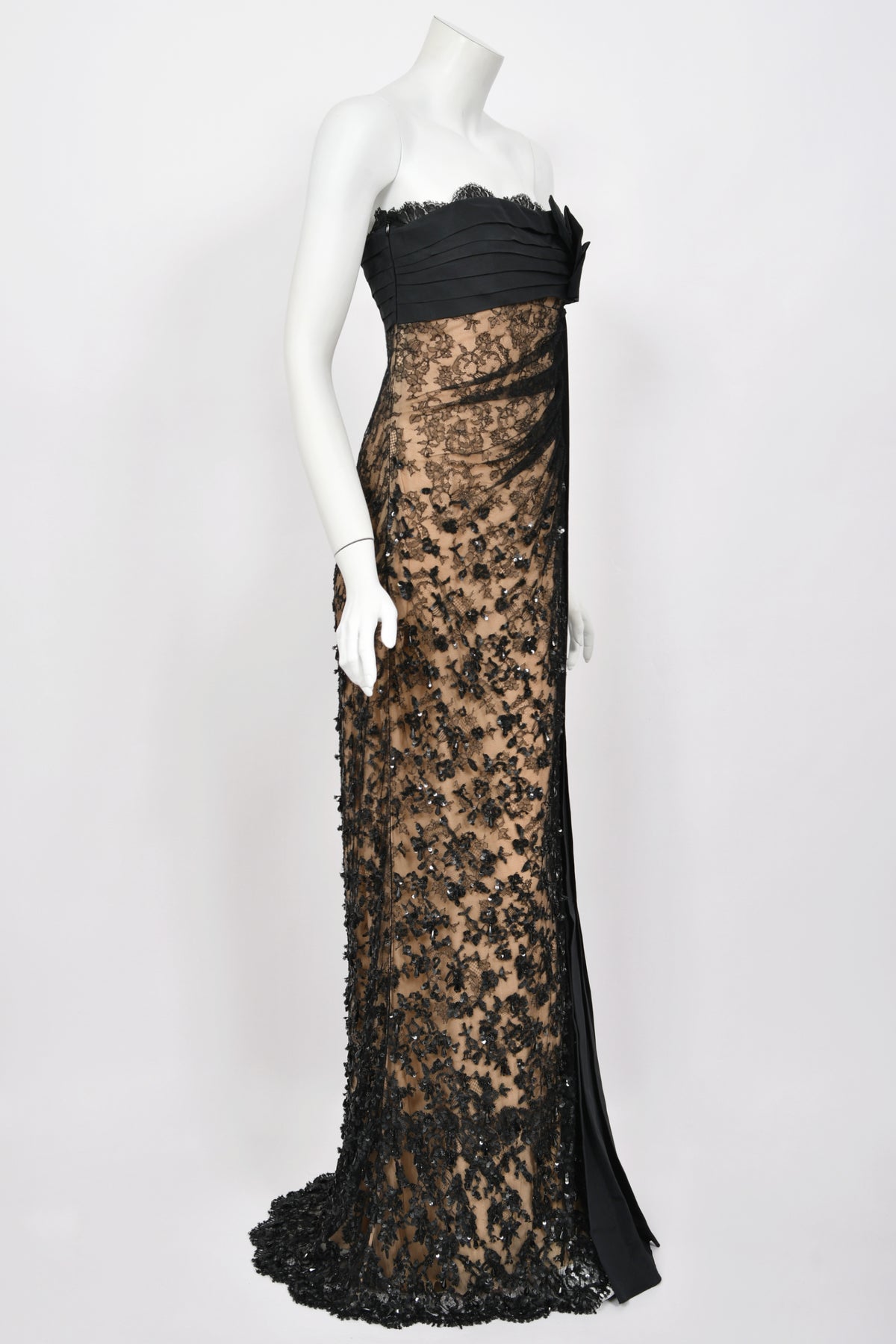 2009 Valentino Black Silk &amp; Beaded Sheer Illusion Lace Strapless Bustier Gown