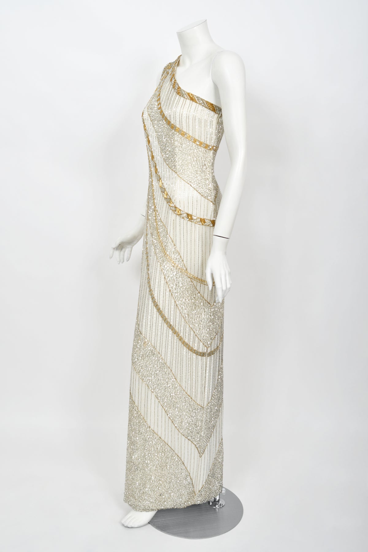 1984 Bob Mackie Couture Ivory Beaded Silk One-Shoulder Goddess Gown