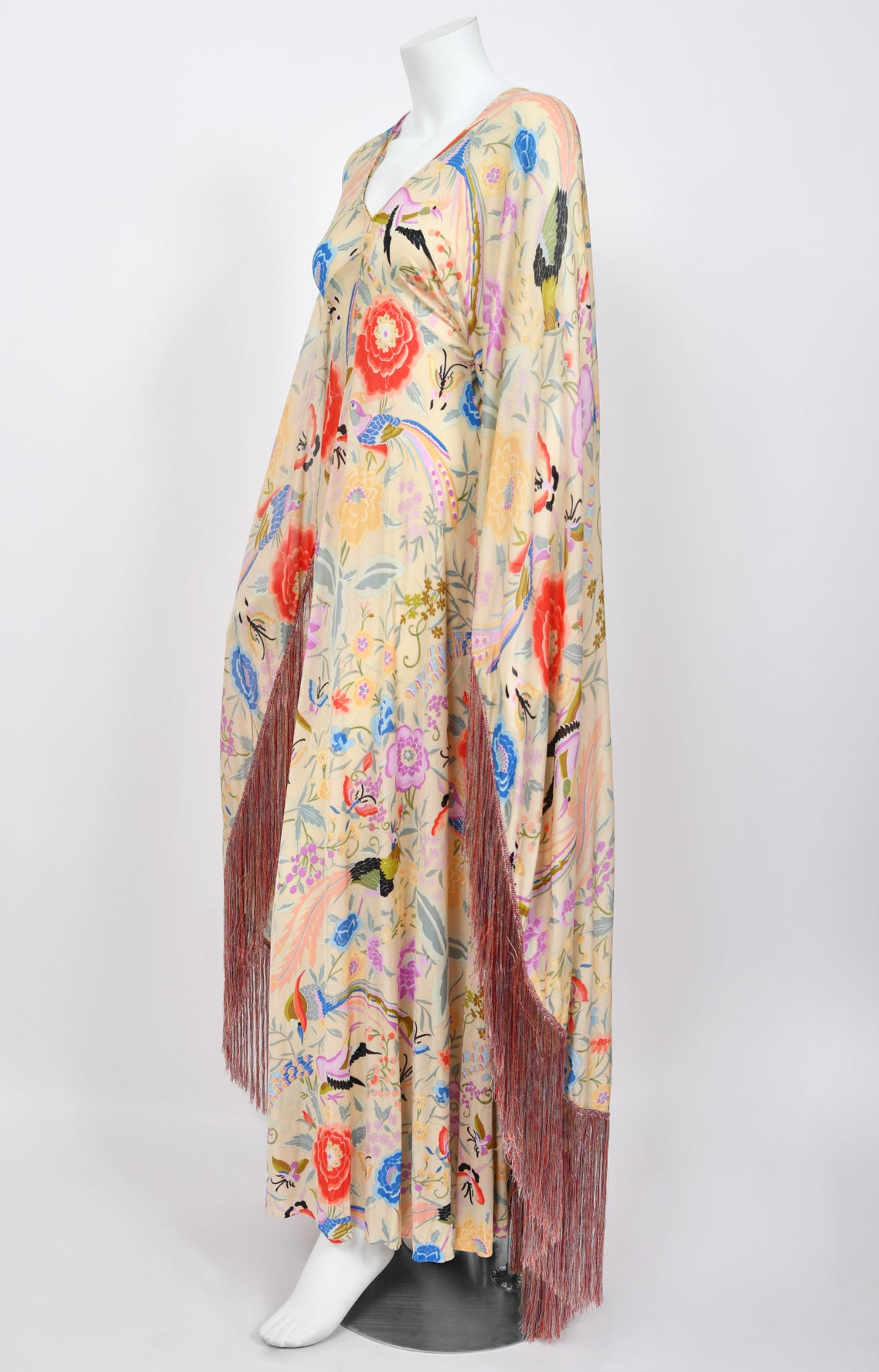 1971 Missoni Couture Colorful Floral Bird Print Silk-Jersey Caftan Gown