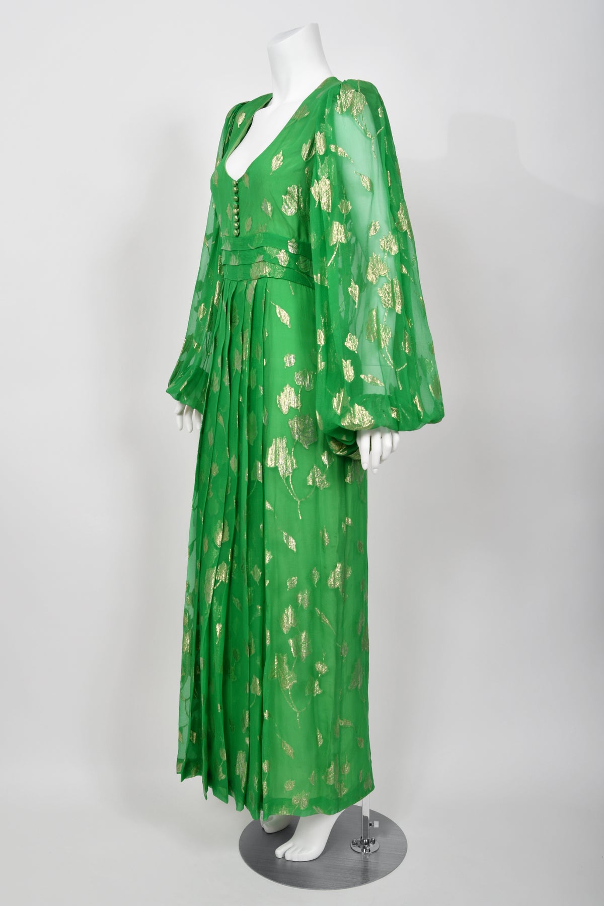 1974 Thea Porter Couture Metallic Green Sheer Silk Billow-Sleeve Maxi Dress