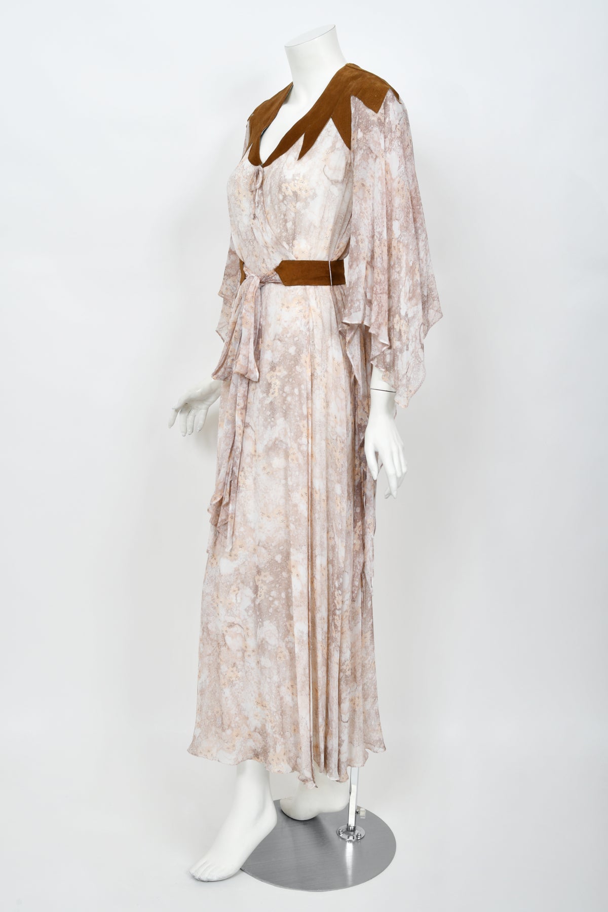 1971 Giorgio Sant&#39; Angelo Watercolor Chiffon &amp; Suede Angel-Sleeve Wrap Dress