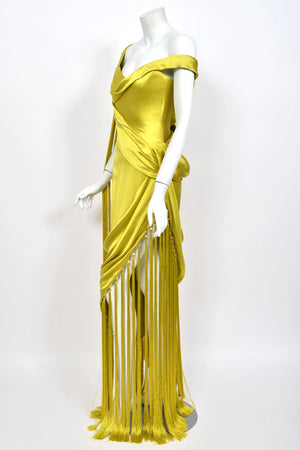 2018 Ralph & Russo Haute Couture Chartreuse Silk Satin Asymmetric Crystal Fringed Gown