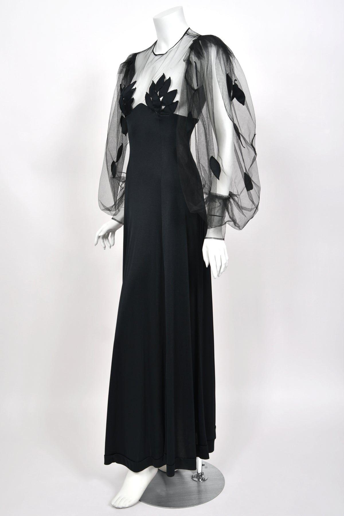 1979 Loris Azzaro Black Silk Jersey Sheer Illusion Petal Motif Billow-Sleeve Gown
