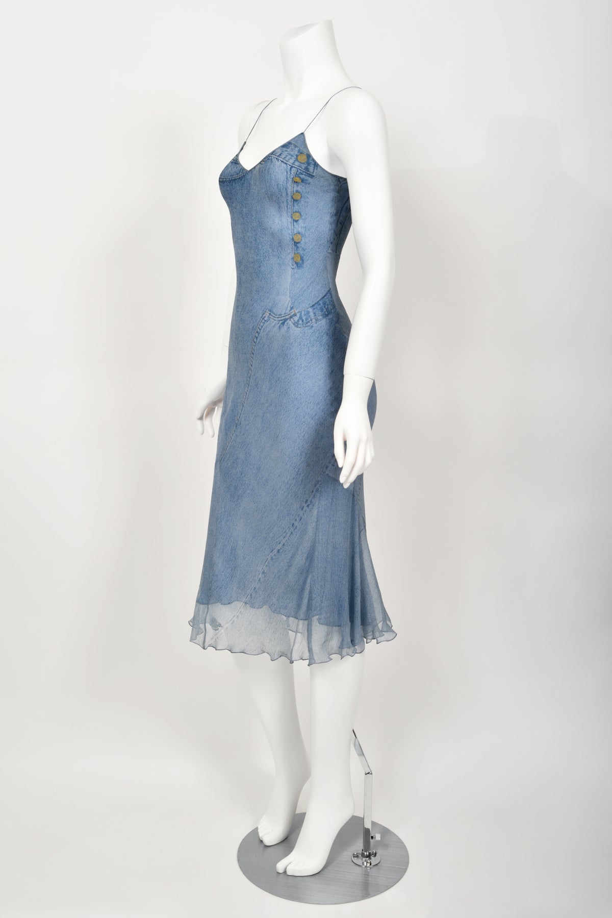 2000 Christian Dior by John Galliano Trompe L&#39;oeil Denim Print Silk Bias-Cut Dress
