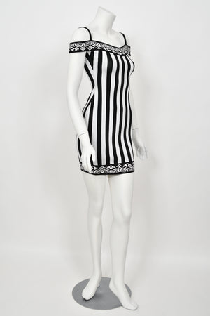 1992 Azzedine Alaia Runway Striped Stretch Knit Cold-Shoulder Bodycon Mini Dress