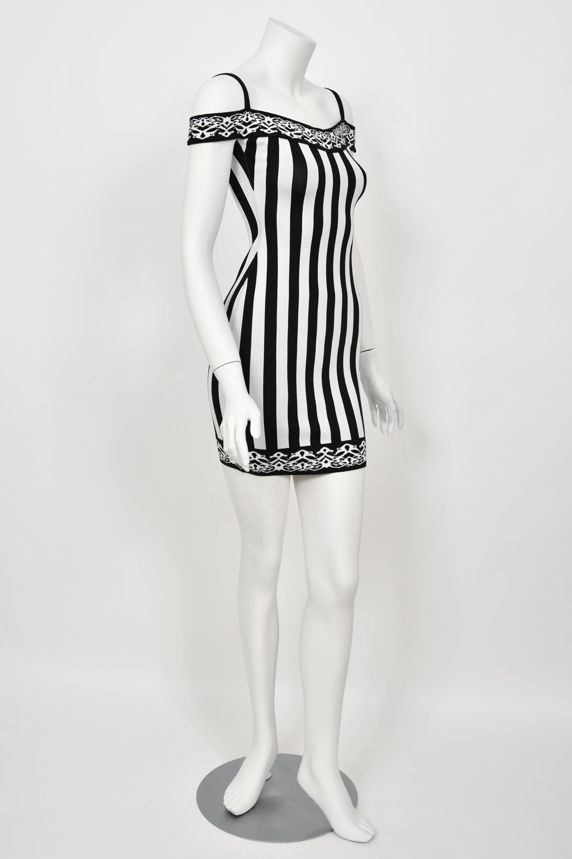 Vintage 1992 Azzedine Alaia Runway Striped Stretch Knit Cold-Shoulder Bodycon Mini Dress - Timeless Vixen Vintage 1992 Azzedine Alaia Runway Striped Stretch Knit Cold-Shoulder Bodycon Mini Dress - Timeless Vixen