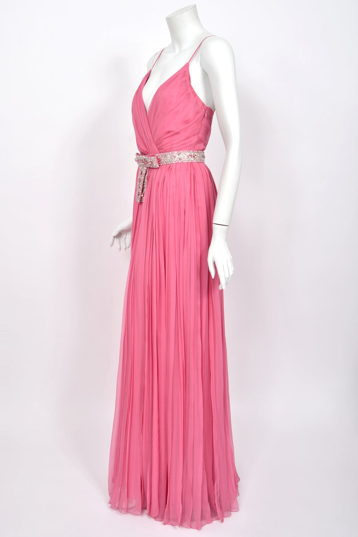 2008 Christian Dior by John Galliano Resort Pink Silk Low-Cut Jeweled Belt Pleated Gown