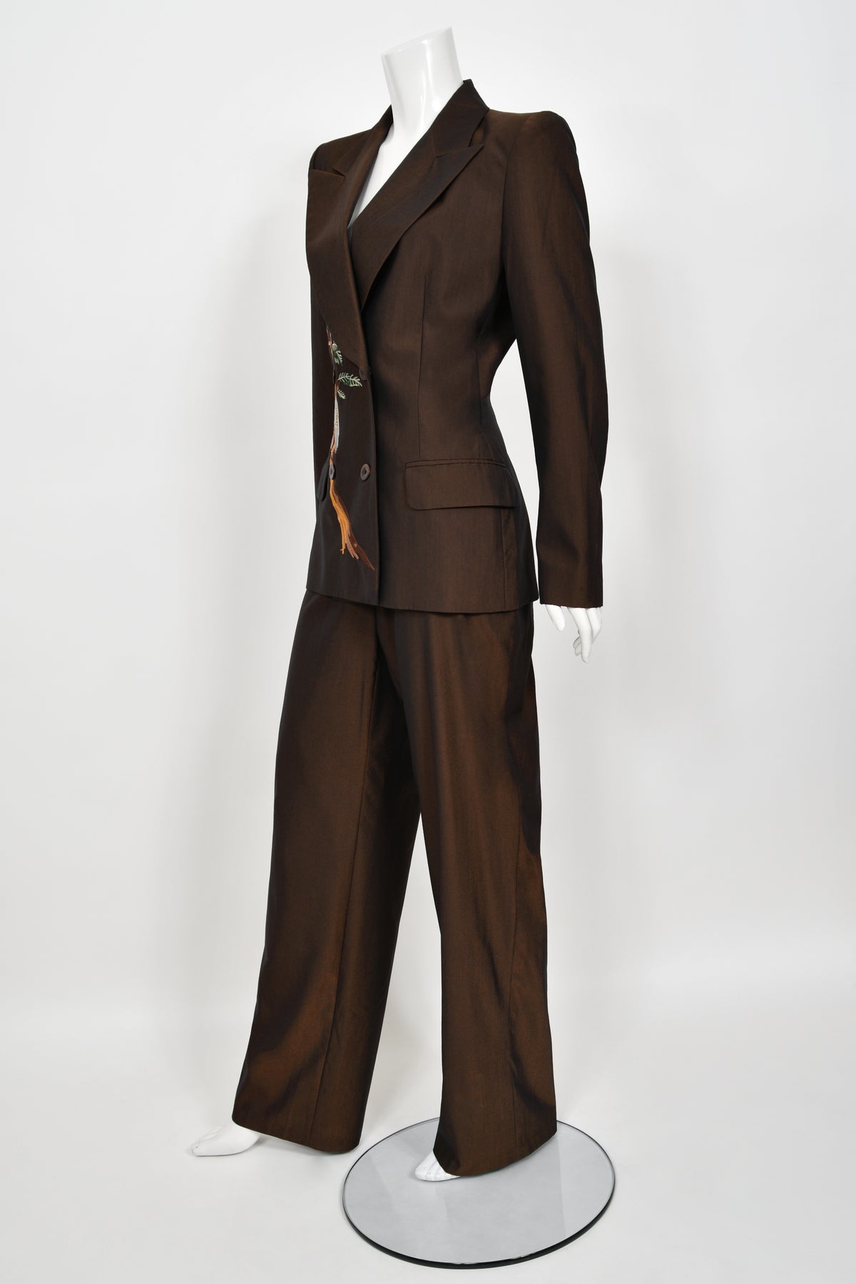 1998 Alexander McQueen for Givenchy Brown Wool Embroidered Birds Blazer Pantsuit