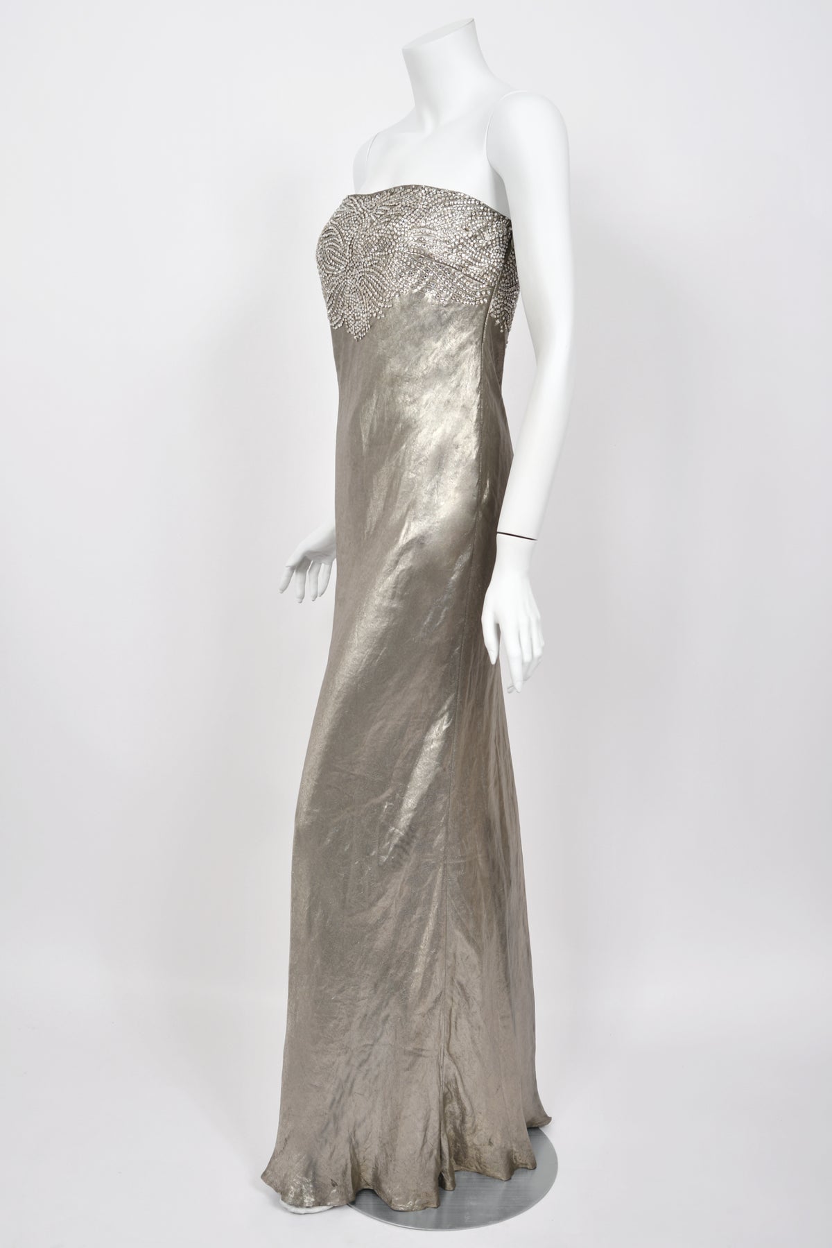 2007 Ralph Lauren Beaded Rhinestone Metallic Silver Lamé Strapless Bias-Cut Gown