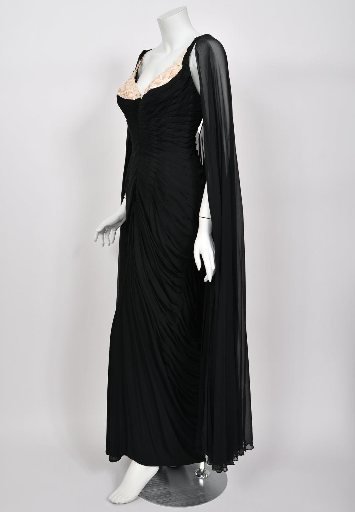 1964 Yma Sumac Documented Custom Couture Ruched Black Silk Hourglass Gown w/ Cape