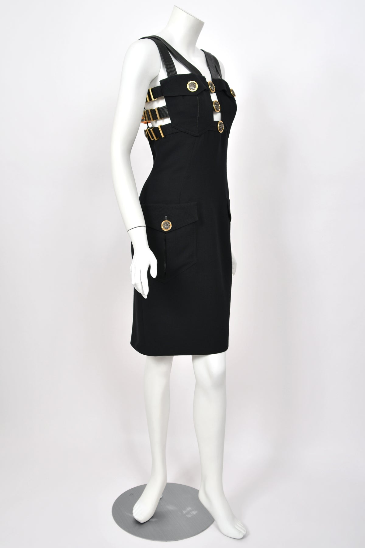 1992 Gianni Versace 'Miss S&M' Runway Collection Black Leather Bondage Wool Dress