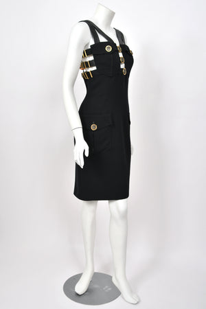 1992 Gianni Versace 'Miss S&M' Runway Collection Black Leather Bondage Wool Dress
