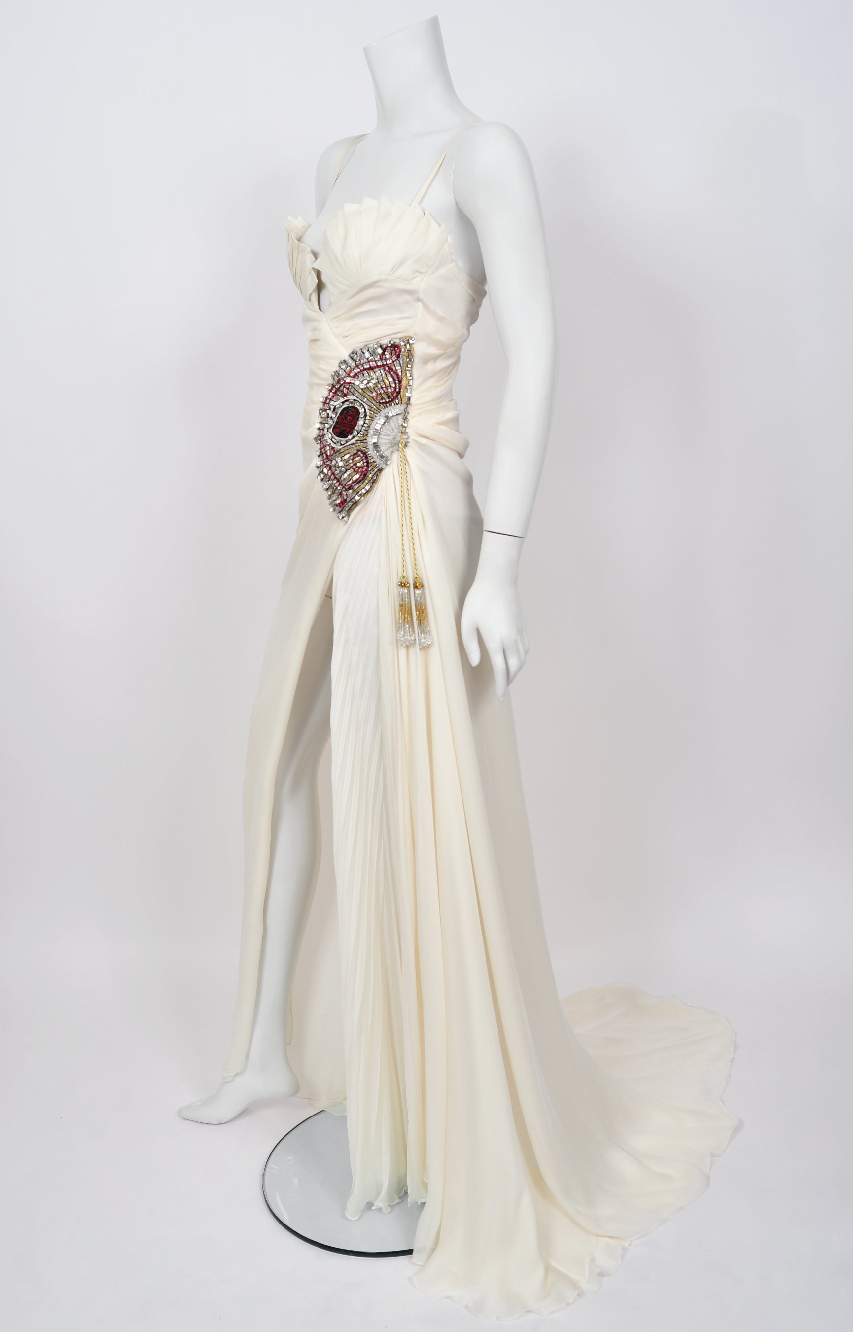 2006 Roberto Cavalli Embellished Ivory Silk High-Slit Trained Gown - Timeless Vixen 2006 Roberto Cavalli Embellished Ivory Silk High-Slit Trained Gown - Timeless Vixen