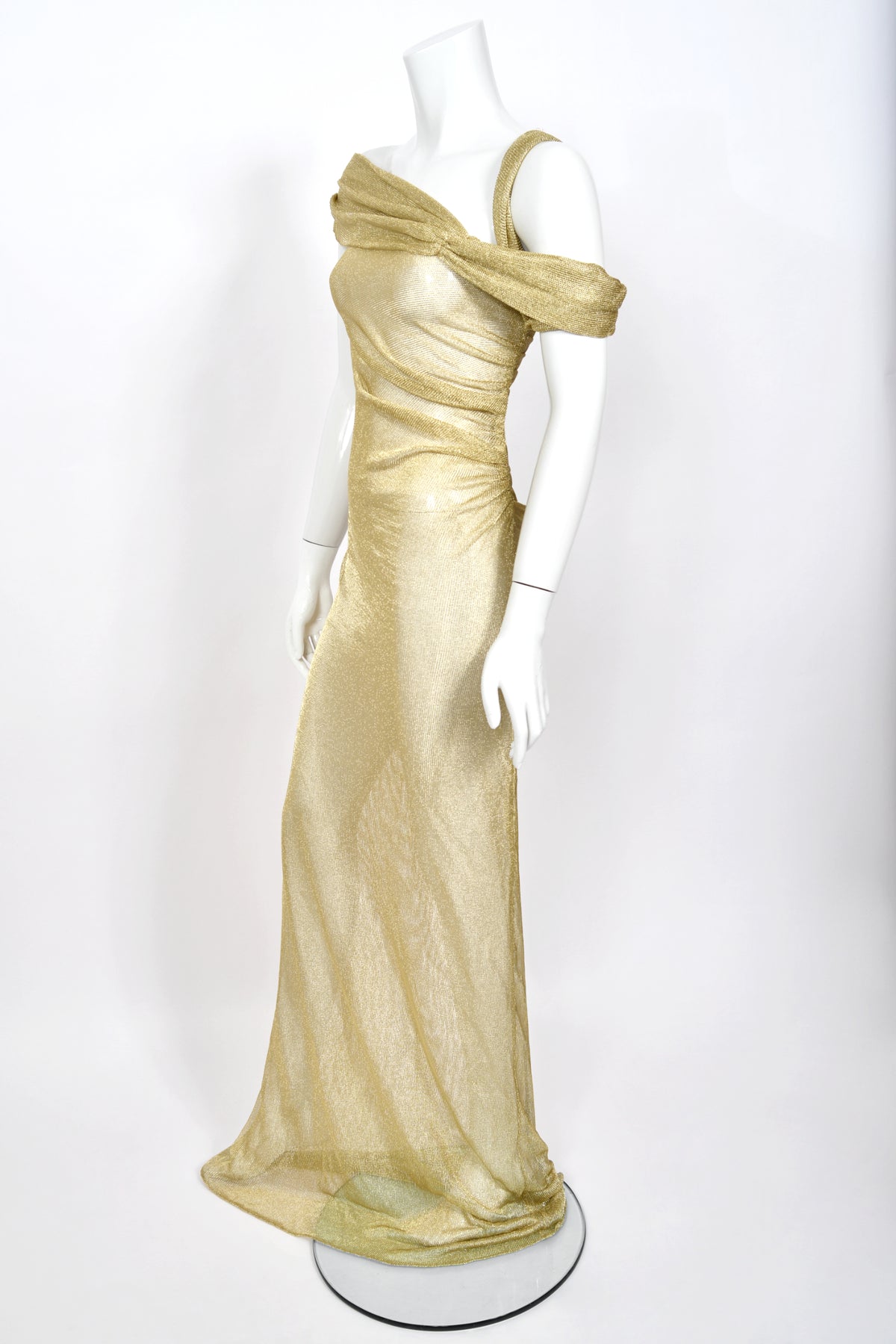 1999 Christian Dior by John Galliano Metallic Gold Sheer Mesh Asymmetric Maxi Gown