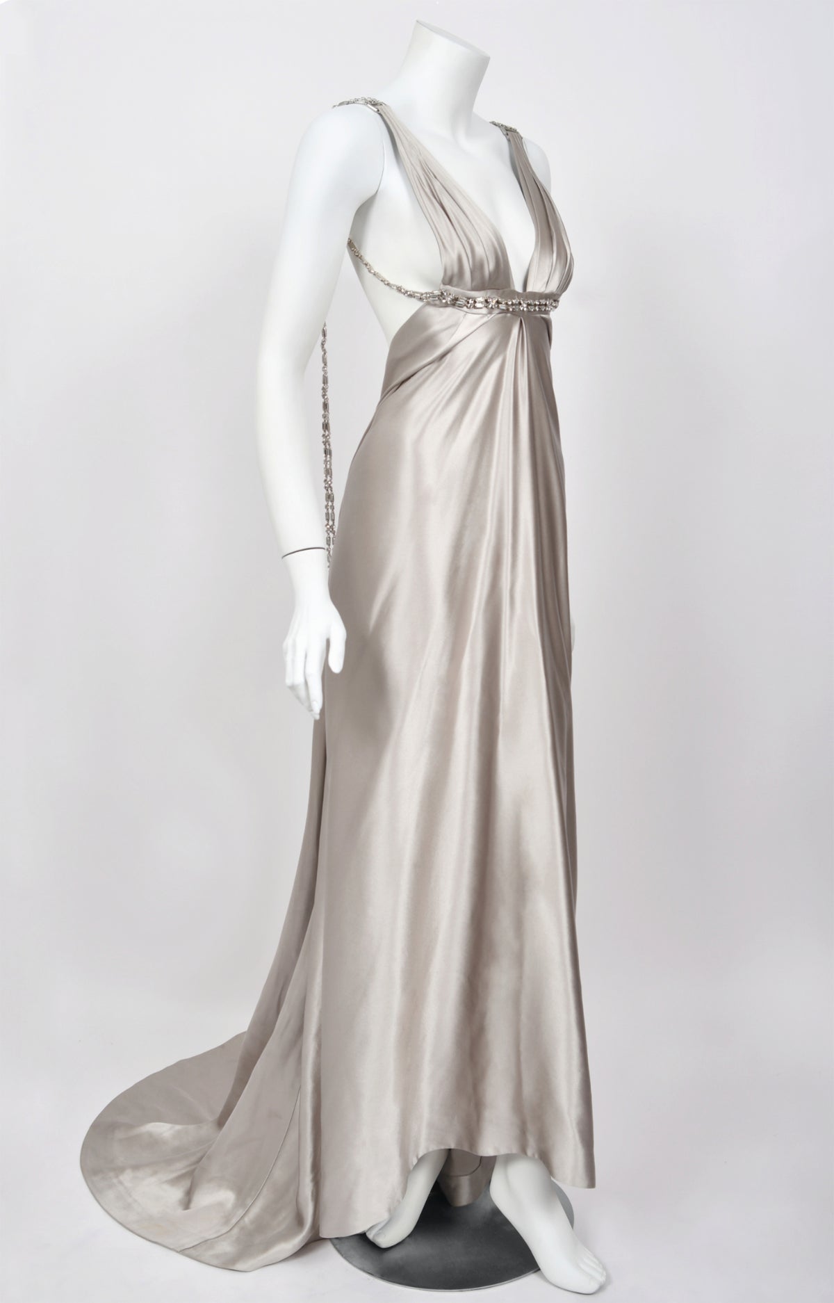 2006 Dsquared2 Platinum Silk Jeweled Backless Trained Glamour Gown