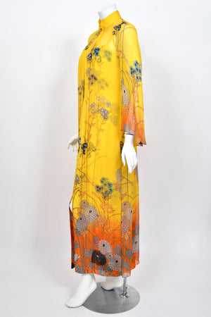 1972 Hanae Mori Couture Vogue Editorial Sunset Ombrè Floral Silk Gown & Matching Sheer Jacket
