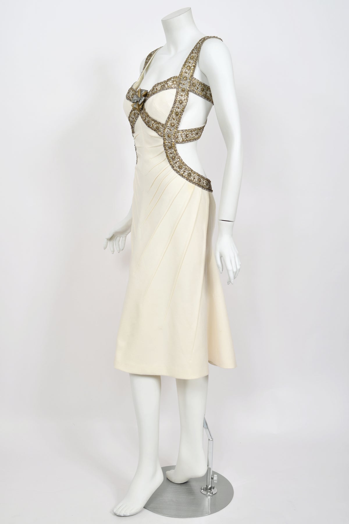 2003 Alexander McQueen Metallic Beaded Embroidered Ivory Wool Open-Back Dress