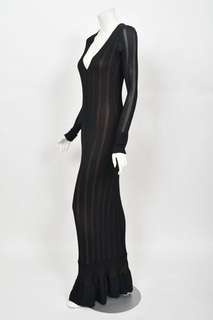 1996 Azzedine Alaia Black Nude-Illusion Knit Bodycon Floor Length Gown