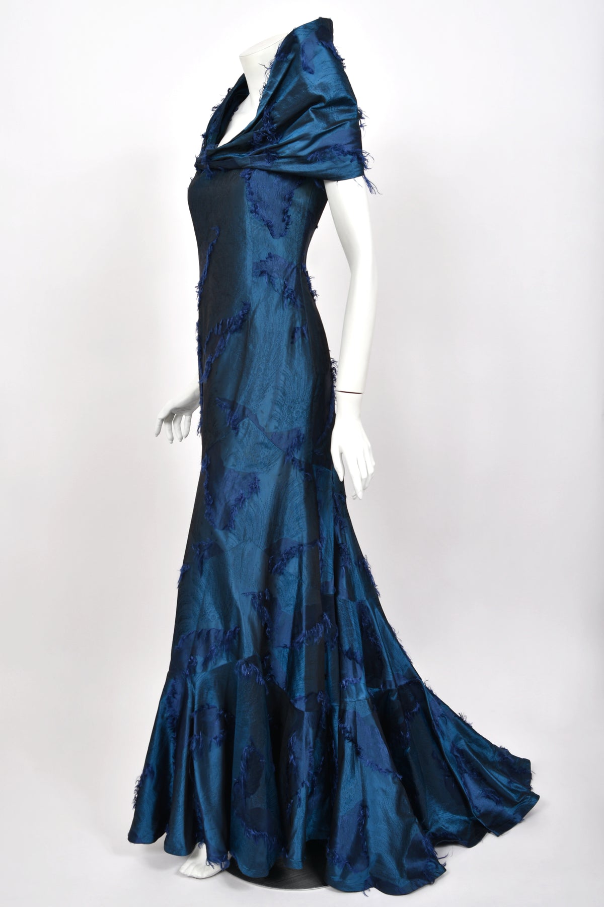 1999 Christian Dior by John Galliano Sapphire Blue Eyelash Silk Backless Bias-Cut Gown