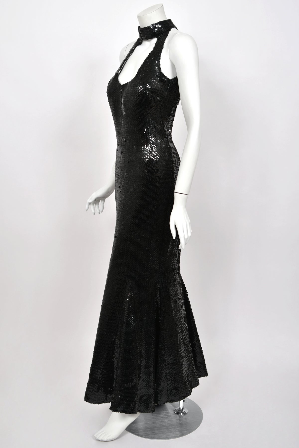 1973 Loris Azzaro Couture Black Fully Sequin Cut-Out Hourglass Mermaid Gown