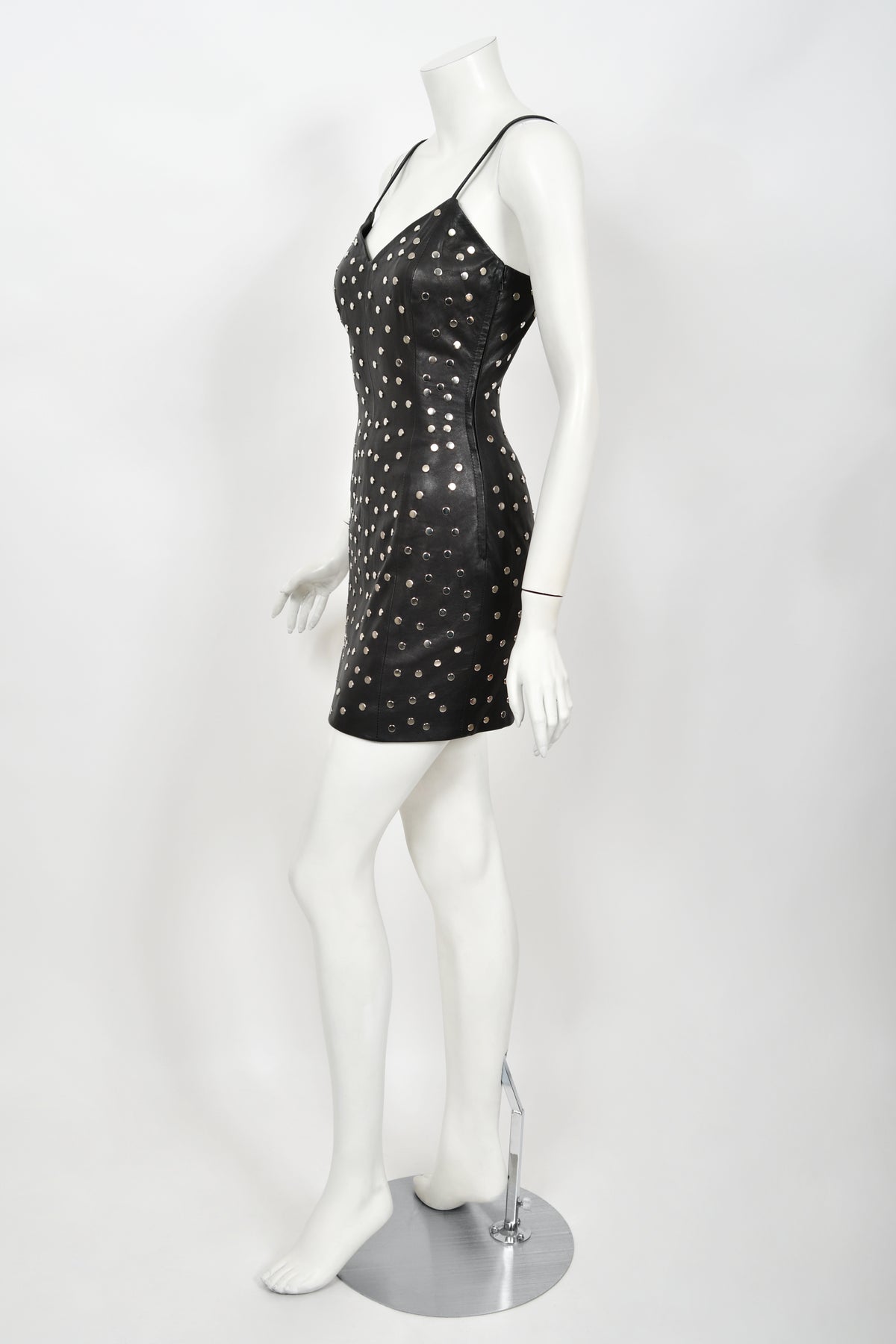 1991 Dolce & Gabbana Documented Runway Studded Black Leather Mini Dress
