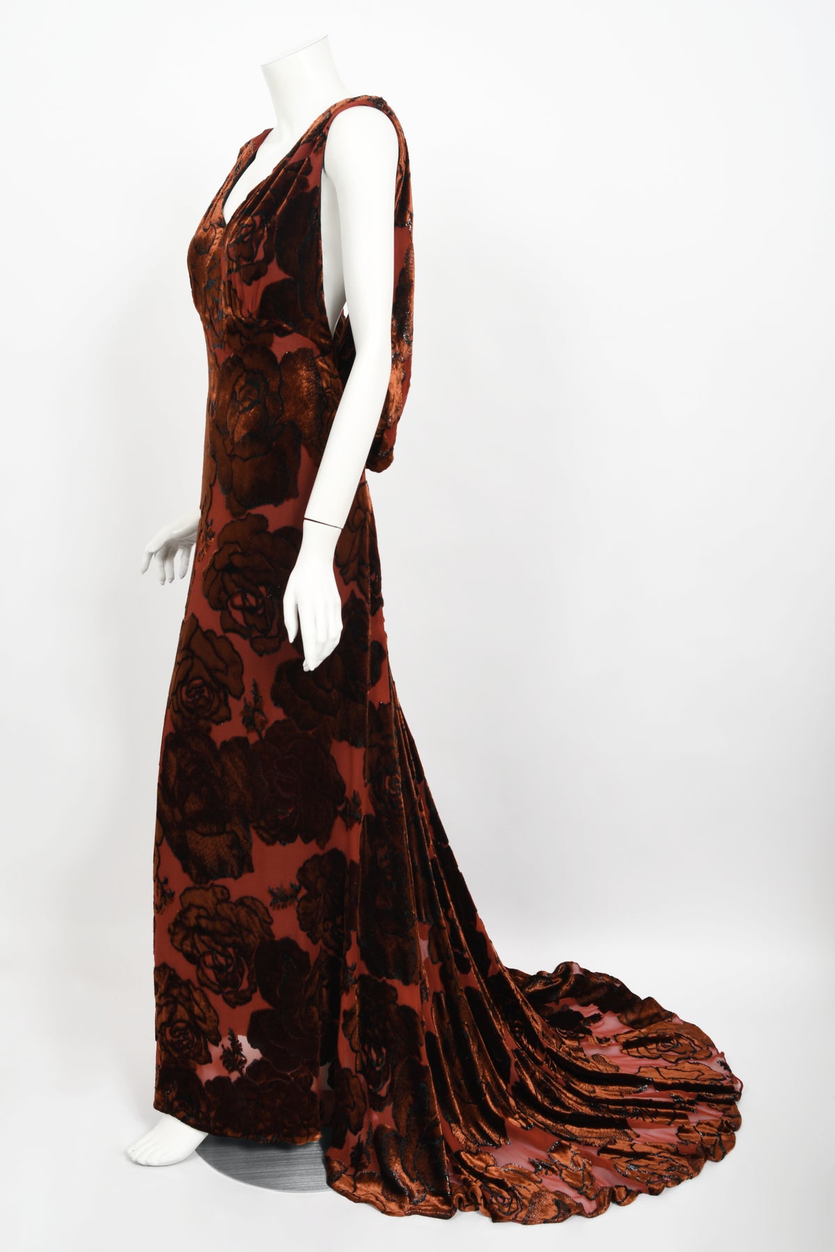1999 Galindo Couture Metallic Amber Devoré Velvet Bias-Cut Trained Gown