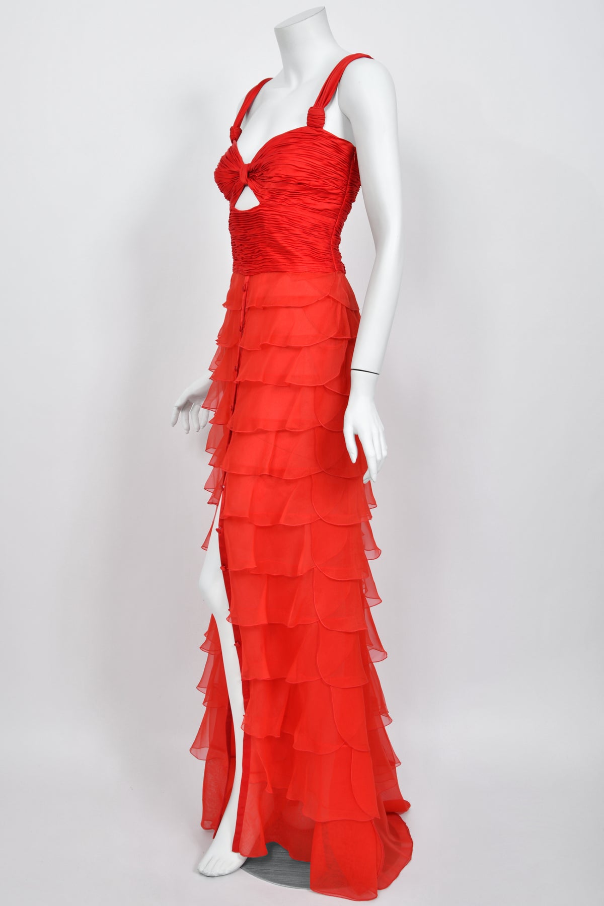 2005 Valentino Runway Iconic Red Ruched Silk Cut-Out Tiered Ruffle Gown