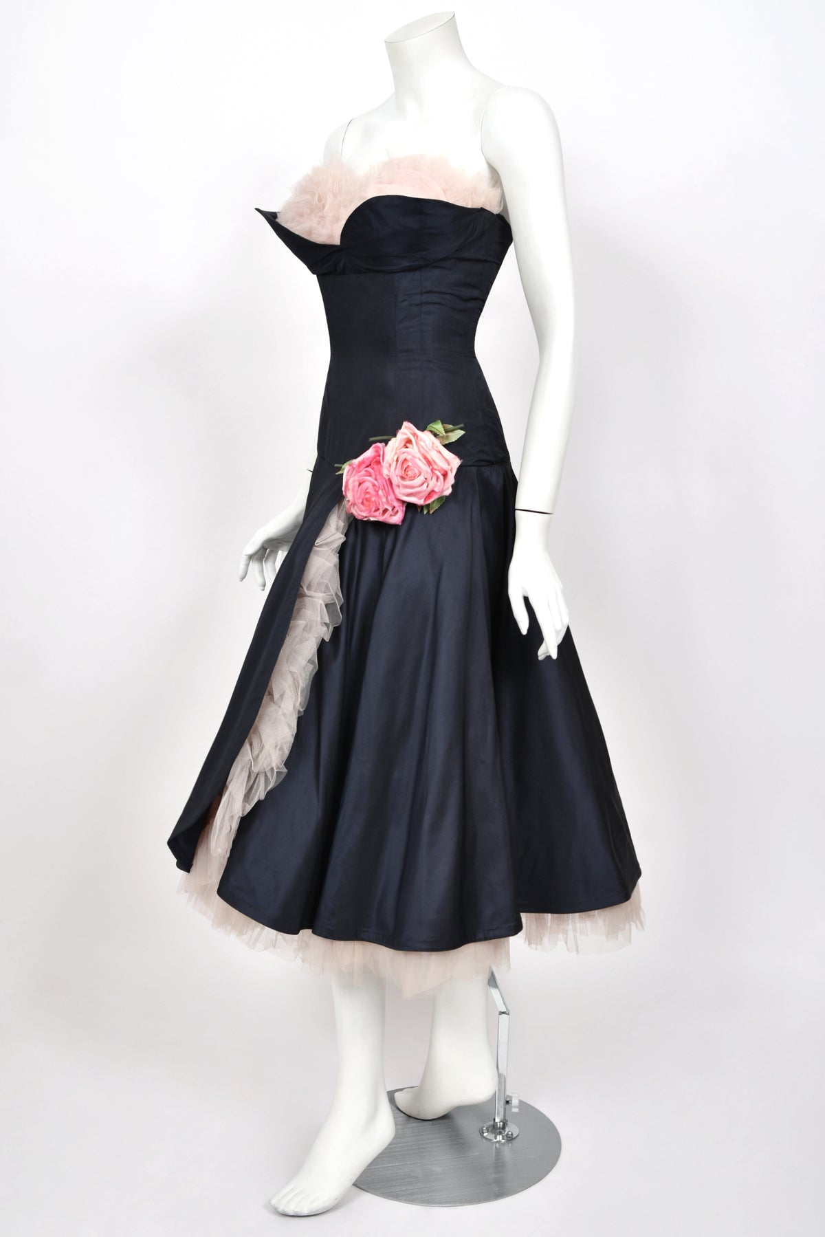 1950's Don Miguel of California Navy Silk &amp; Blush Pink Tulle Ruffle Shelf-Bust Strapless Dress
