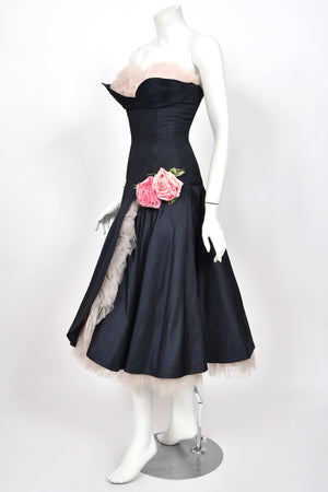 1950's Don Miguel of California Navy Silk & Blush Pink Tulle Ruffle Shelf-Bust Strapless Dress