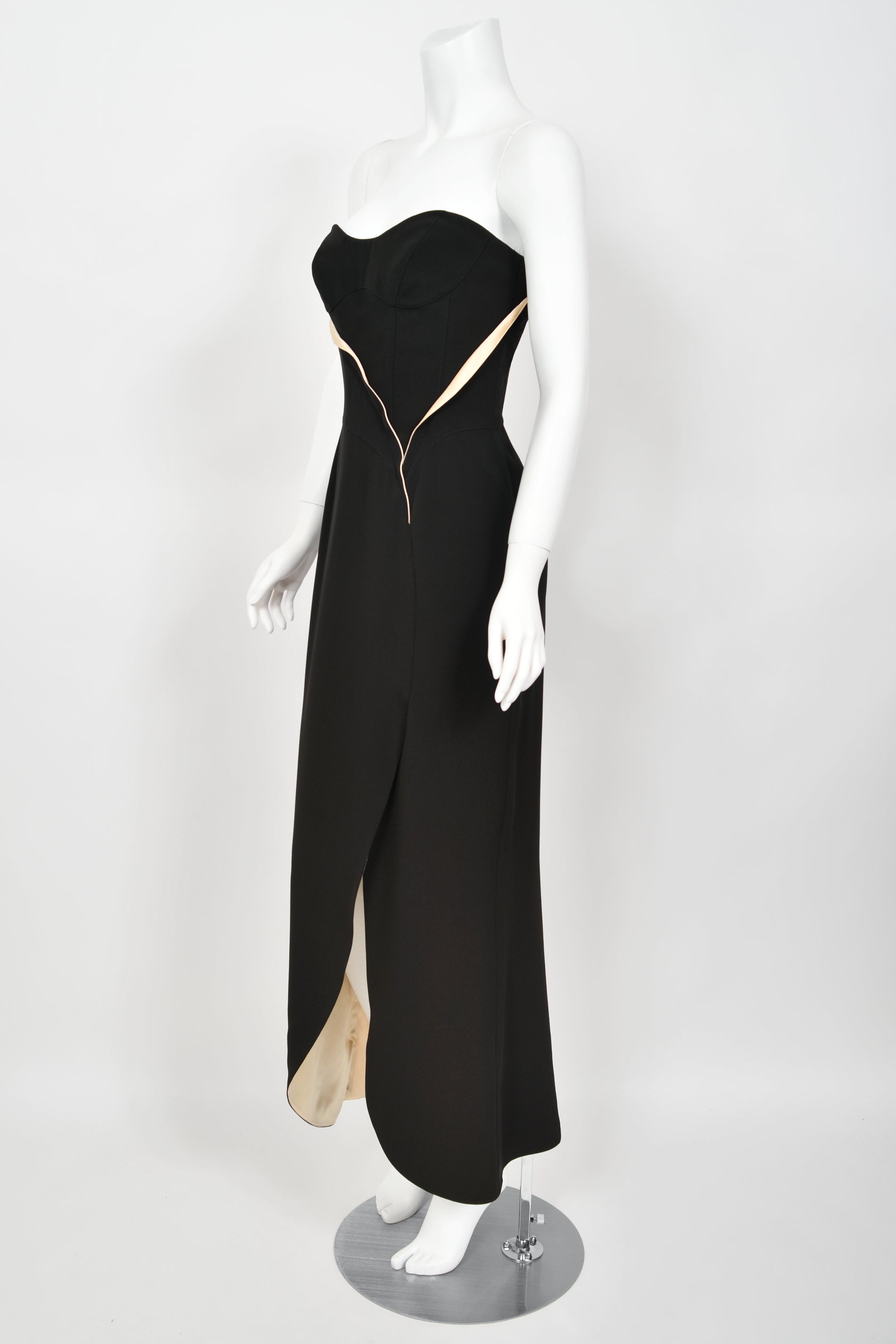 1999 Thierry Mugler Black & Ivory Strapless Bustier High-Slit Gown - Timeless Vixen 1999 Thierry Mugler Black & Ivory Strapless Bustier High-Slit Gown - Timeless Vixen