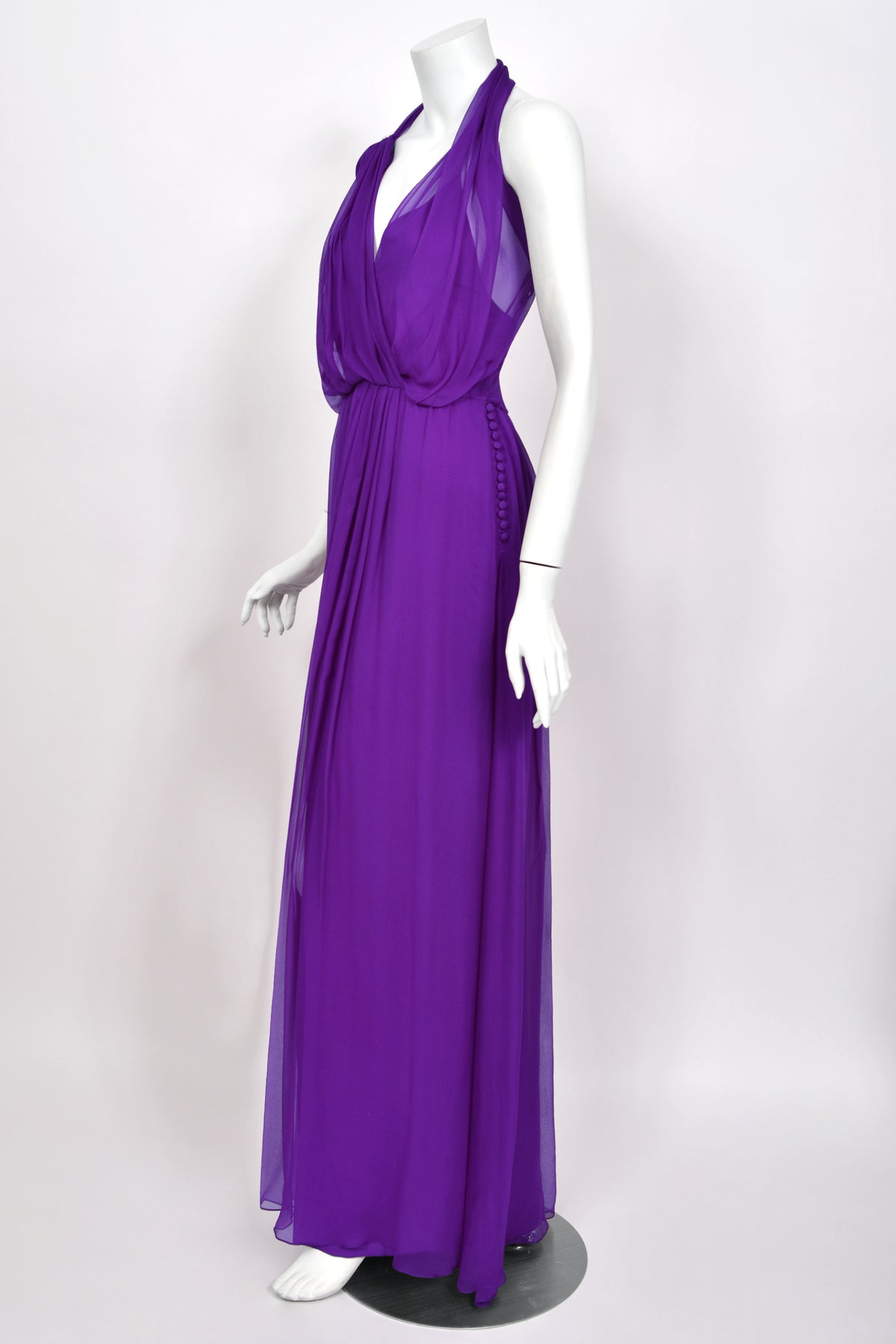 2011 Christian Dior by John Galliano Royal Purple Sheer Silk Low-Cut Asymmetric Goddess Gown