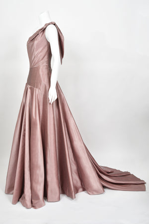 2003 Givenchy Mauve Pink Silk Asymmetric One-Shoulder Full Skirt Trained Gown