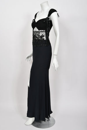 2004 Valentino Runway Black Silk Beaded Sheer Cut-Out Blouse & Bias-Cut Skirt Set