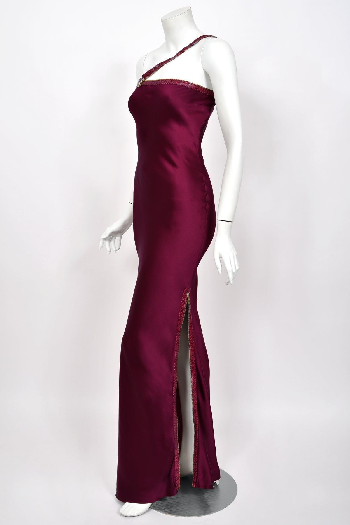 2001 Christian Dior by John Galliano Wine-Red Silk Snakeskin Zippers High Slit Bias-Cut Gown