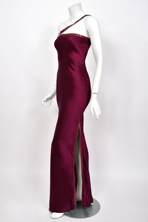 2001 Christian Dior by John Galliano Wine-Red Silk Snakeskin Zippers High Slit Bias-Cut Gown