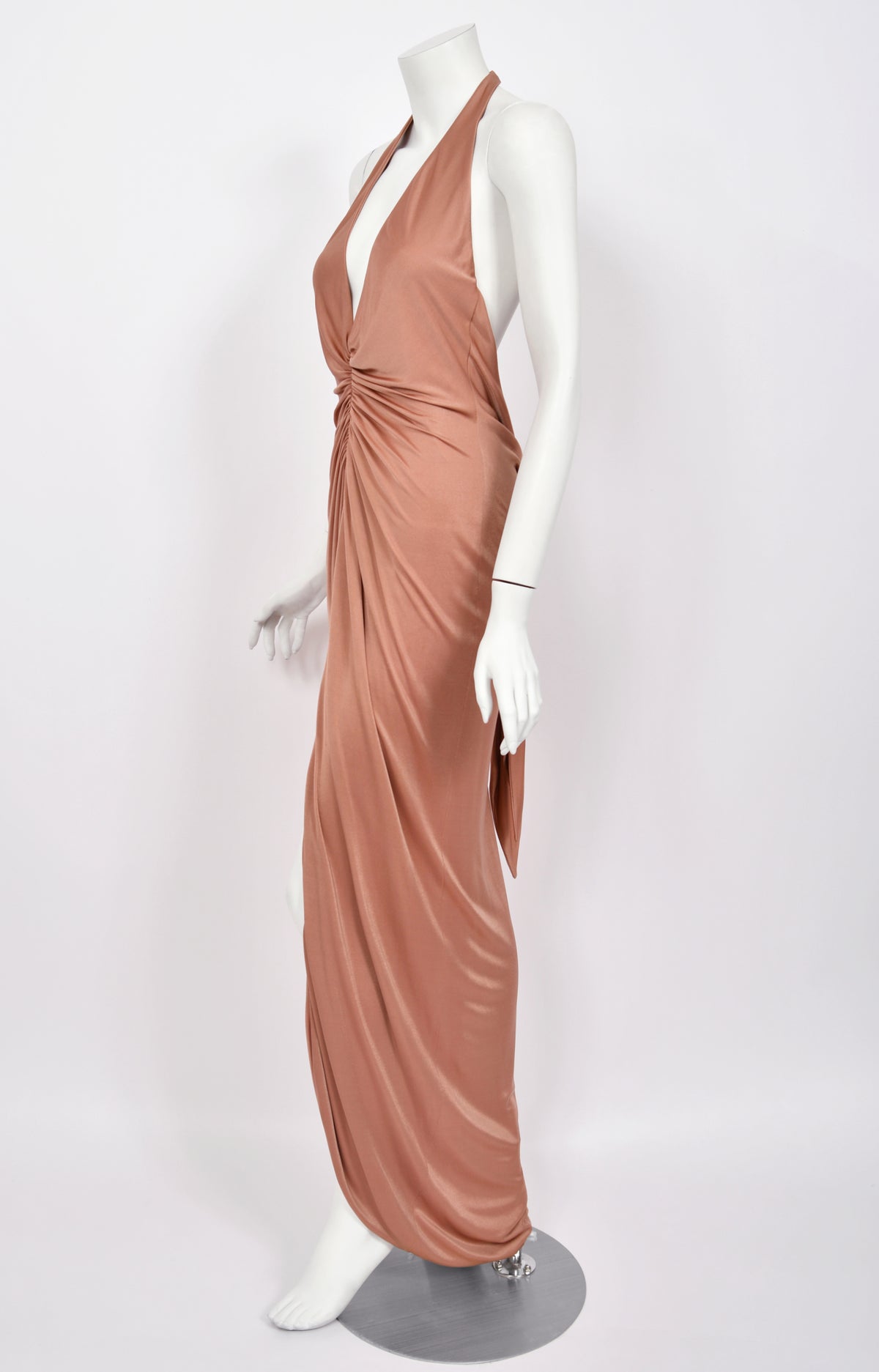 2005 Versace Nude Silk-Jersey Low Plunge Halter Backless Gown