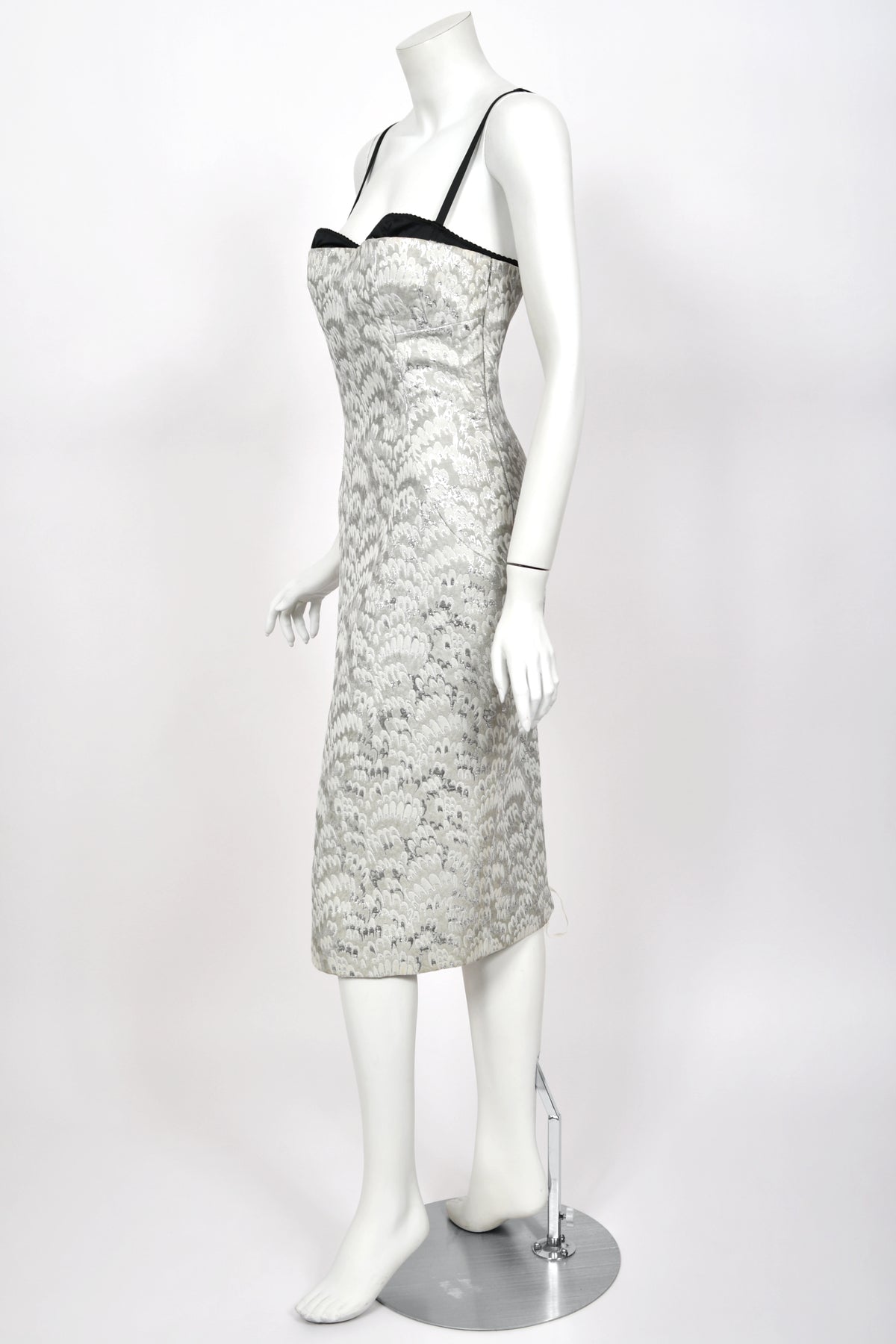2003 Dolce &amp; Gabbana Metallic Silver Brocade Built-In Bra Hourglass Corset Dress