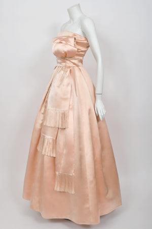 1958 Christian Dior by Yves Saint Laurent Documented Blush-Pink Silk Strapless Corset Gown