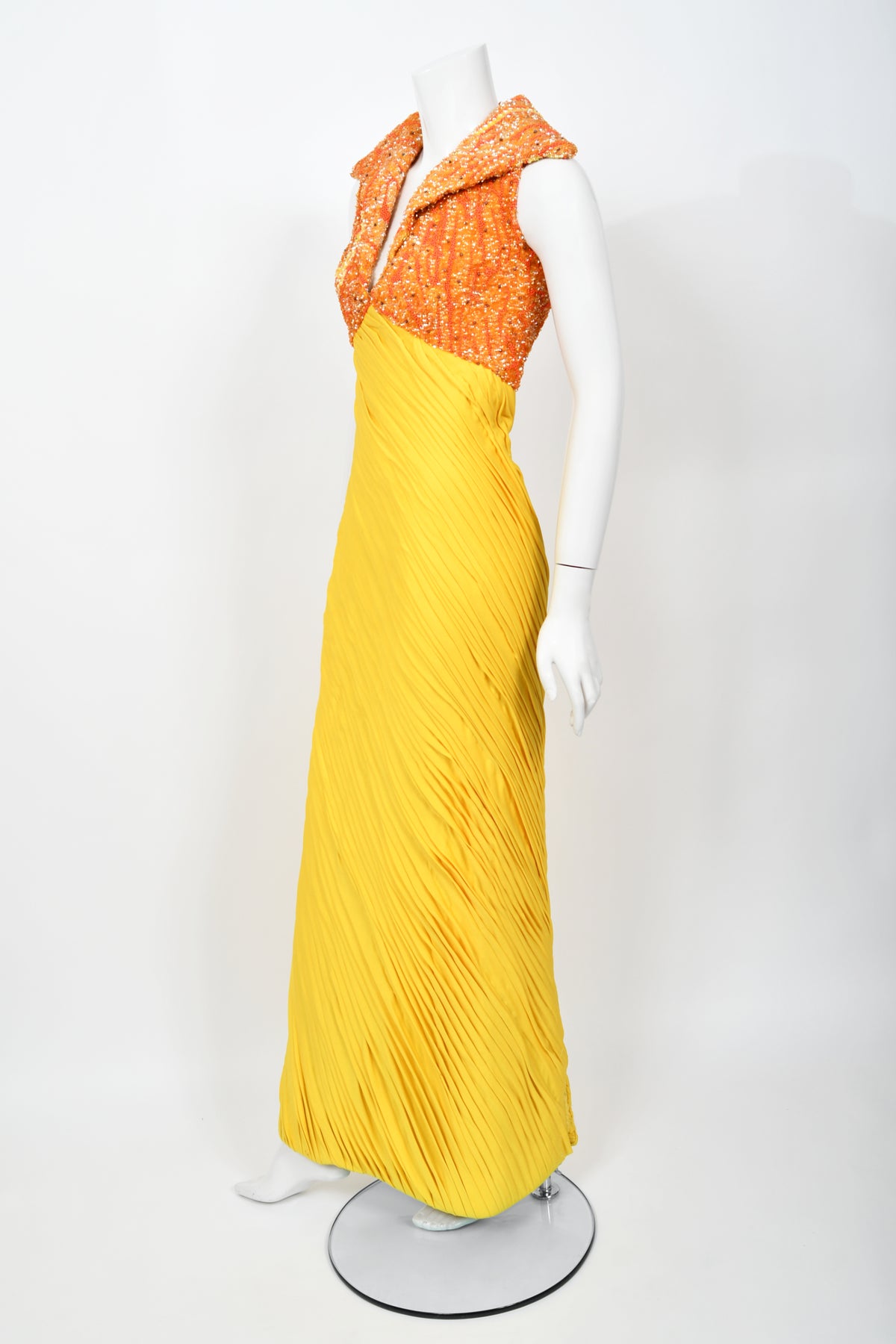 1968 La Mendola Heavily Pleated Yellow Silk-Jersey Beaded Glamour Gown