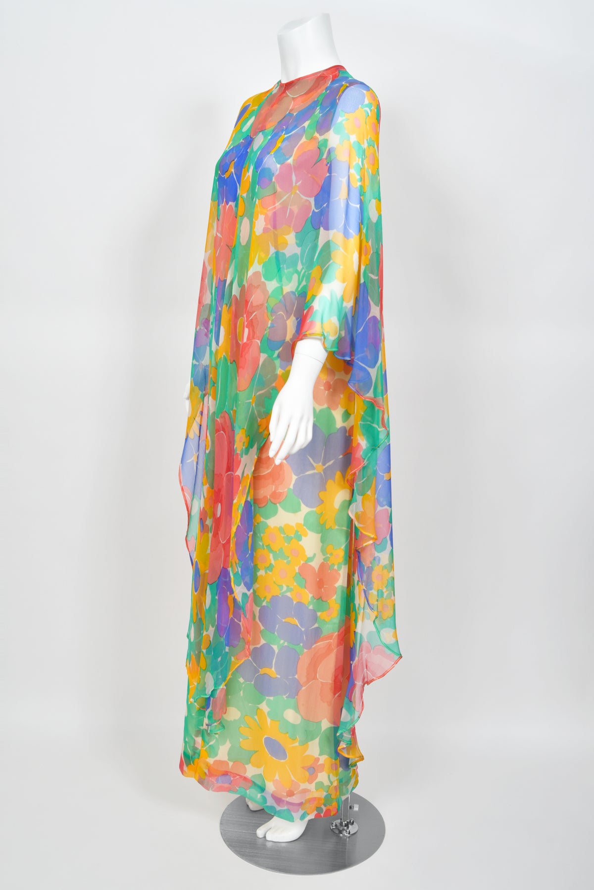 1967 Givenchy Haute Couture Colorful Floral Sheer Silk Draped Caftan Maxi Dress