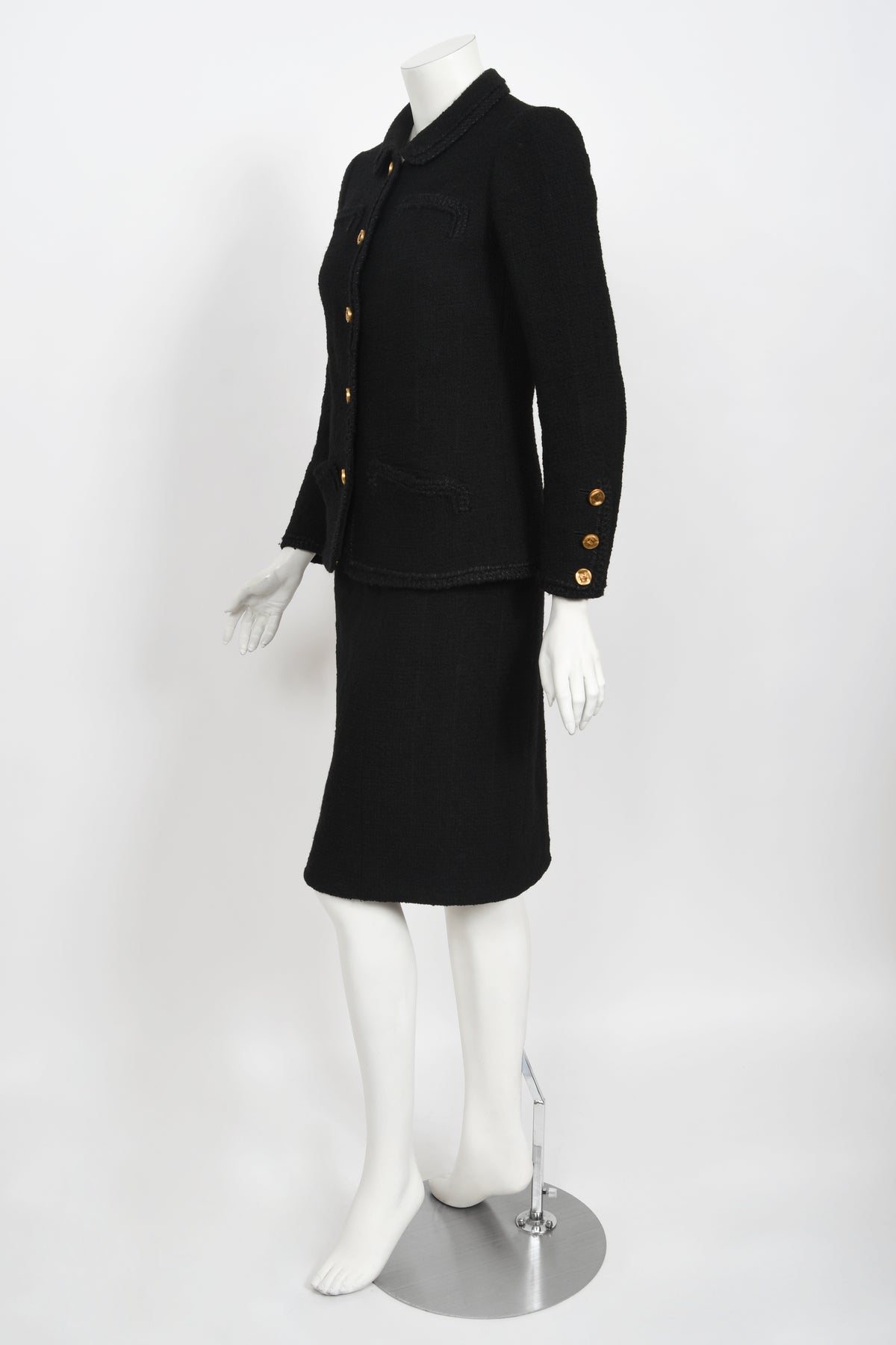 1973 Chanel Haute Couture Black Boucle Wool Logo Buttons Jacket Suit