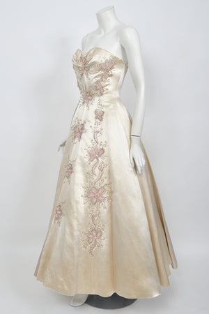 1950's Beaded Embroidered Cream & Pale Pink Satin Strapless Couture Ballgown