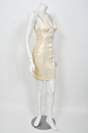 1988 Jean Paul Gaultier Cream Stretch Satin Cone Bra Bustier Corset Mini Dress