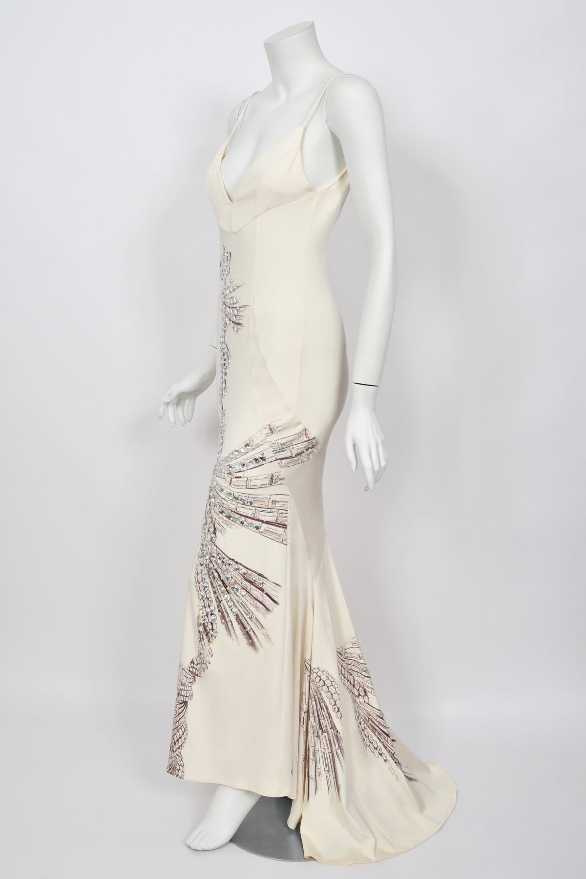 2002 Roberto Cavalli Runway Ivory Jeweled Stretch Silk Trained &#39;Cindy Crawford&#39; Gown