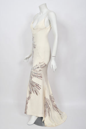 2002 Roberto Cavalli Runway Ivory Jeweled Stretch Silk Trained 'Cindy Crawford' Gown