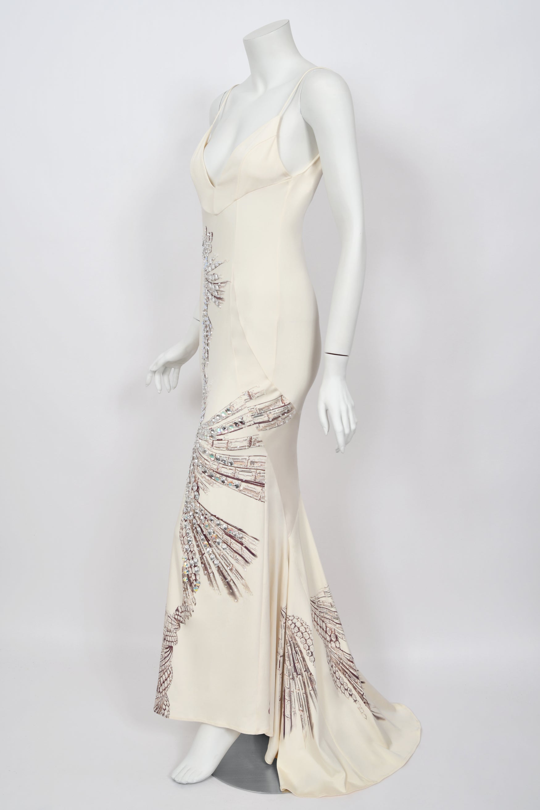 Vintage 2002 Roberto Cavalli Runway Ivory Jeweled Stretch Silk Trained 'Cindy Crawford' Gown - Timeless Vixen Vintage 2002 Roberto Cavalli Runway Ivory Jeweled Stretch Silk Trained 'Cindy Crawford' Gown - Timeless Vixen
