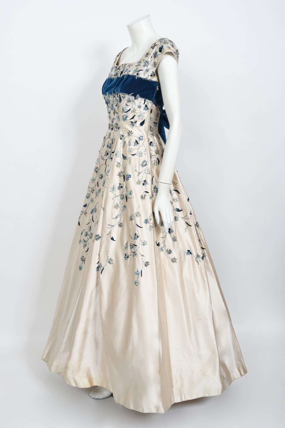 1956 Jacques Griffe Haute Couture Documented Embroidered Beaded Ivory Satin Gown