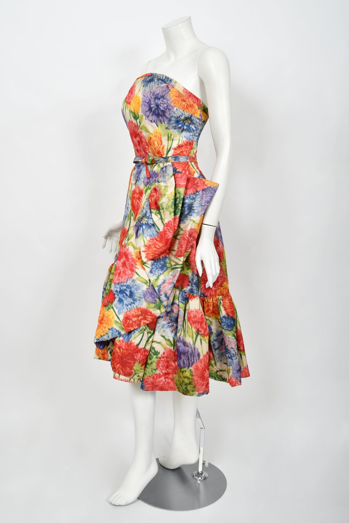 1958 Arnold Scaasi Couture Colorful Floral Silk Strapless Dress &amp; Swing Jacket