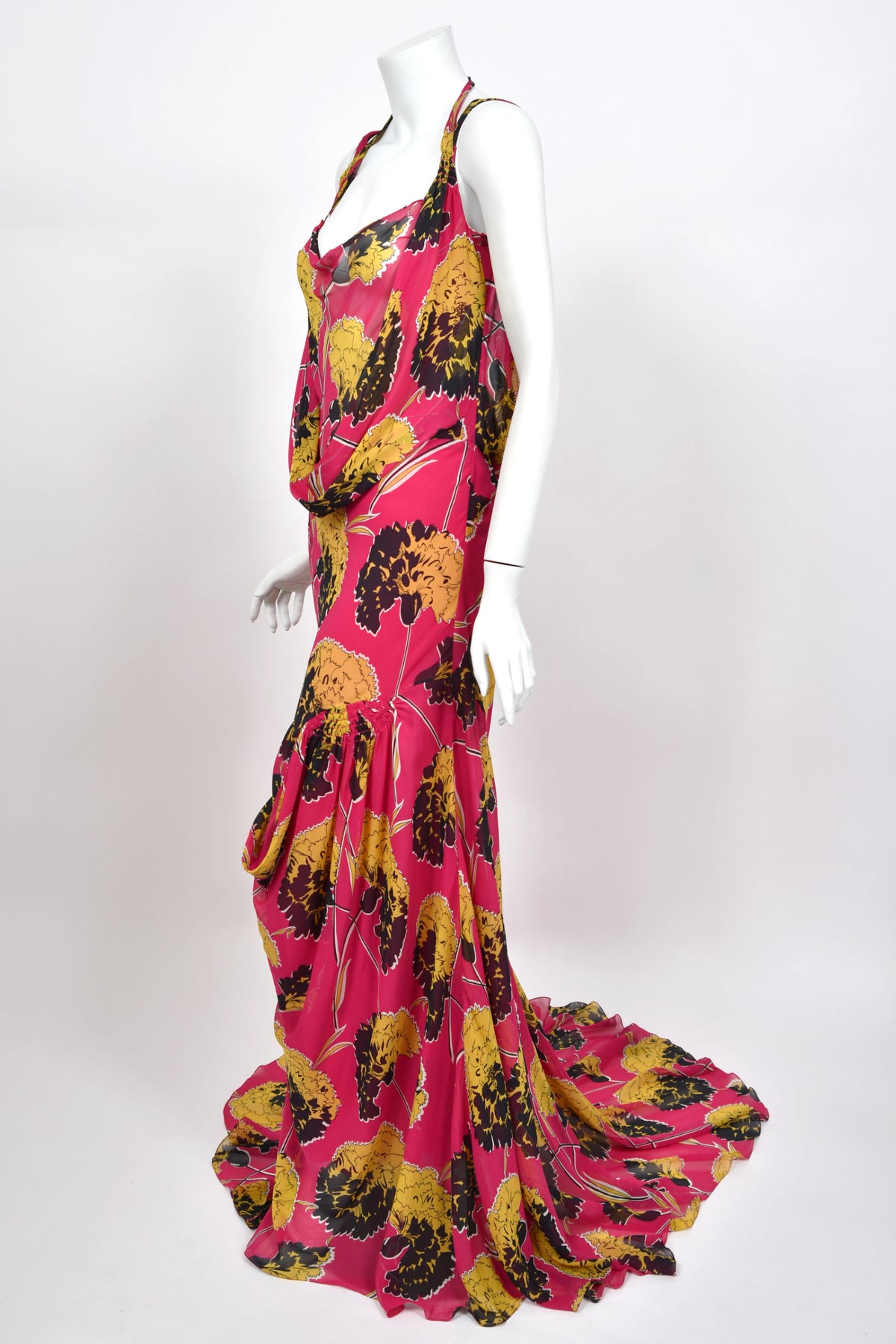 2005 John Galliano 'Renee Collection' Shocking Pink Large Scale Floral Silk Bias-Cut Trained Gown