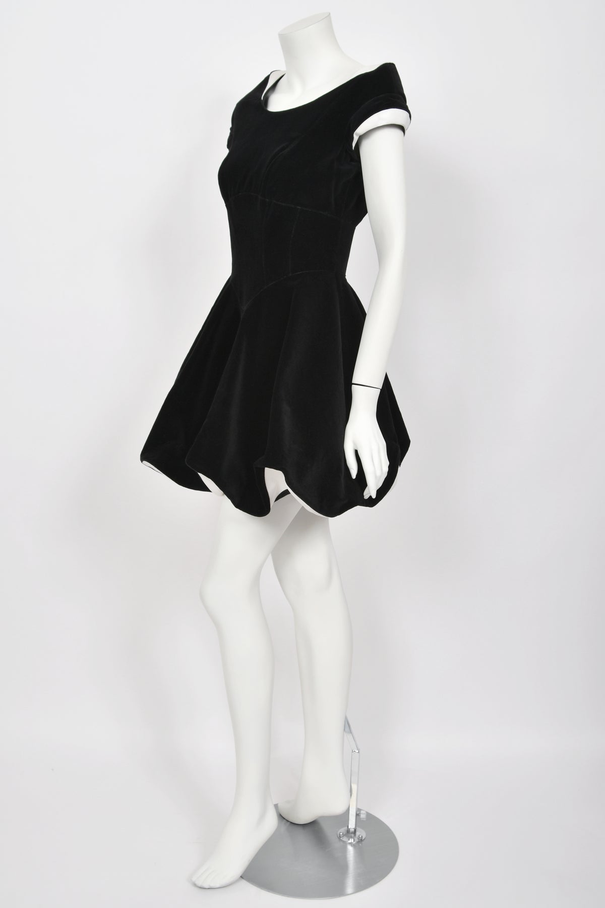 1996 Thierry Mugler Black Velvet &amp; White Silk Sculpted Futuristic Mini Dress